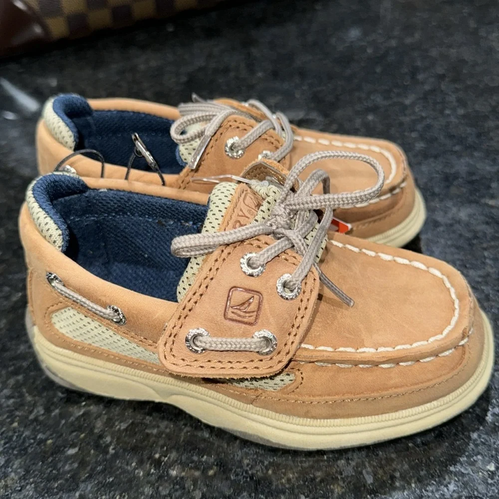 Sperry Lanyard Alternative Closure Boat Shoe, Dark Tan/Navy, Little Kid
